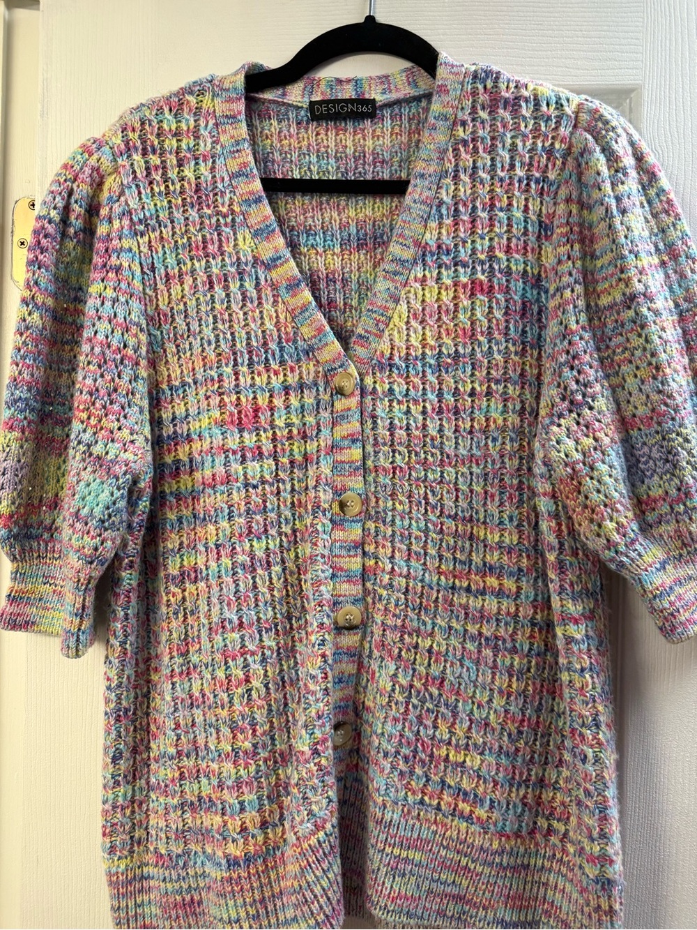 DESIGN365 Pastel Multicolor Waffle-Knit Button Cardigan